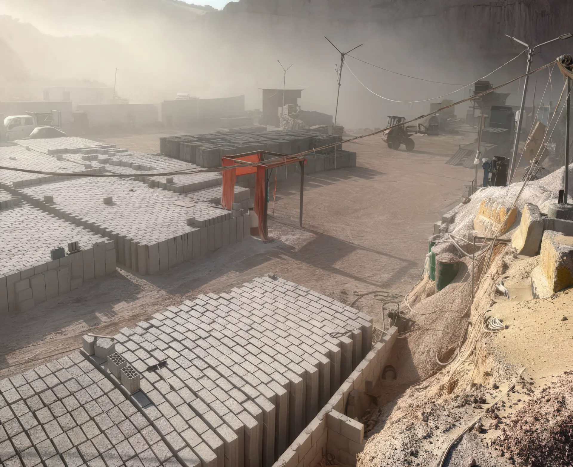Aerial view of stacked concrete blocks at the production yard