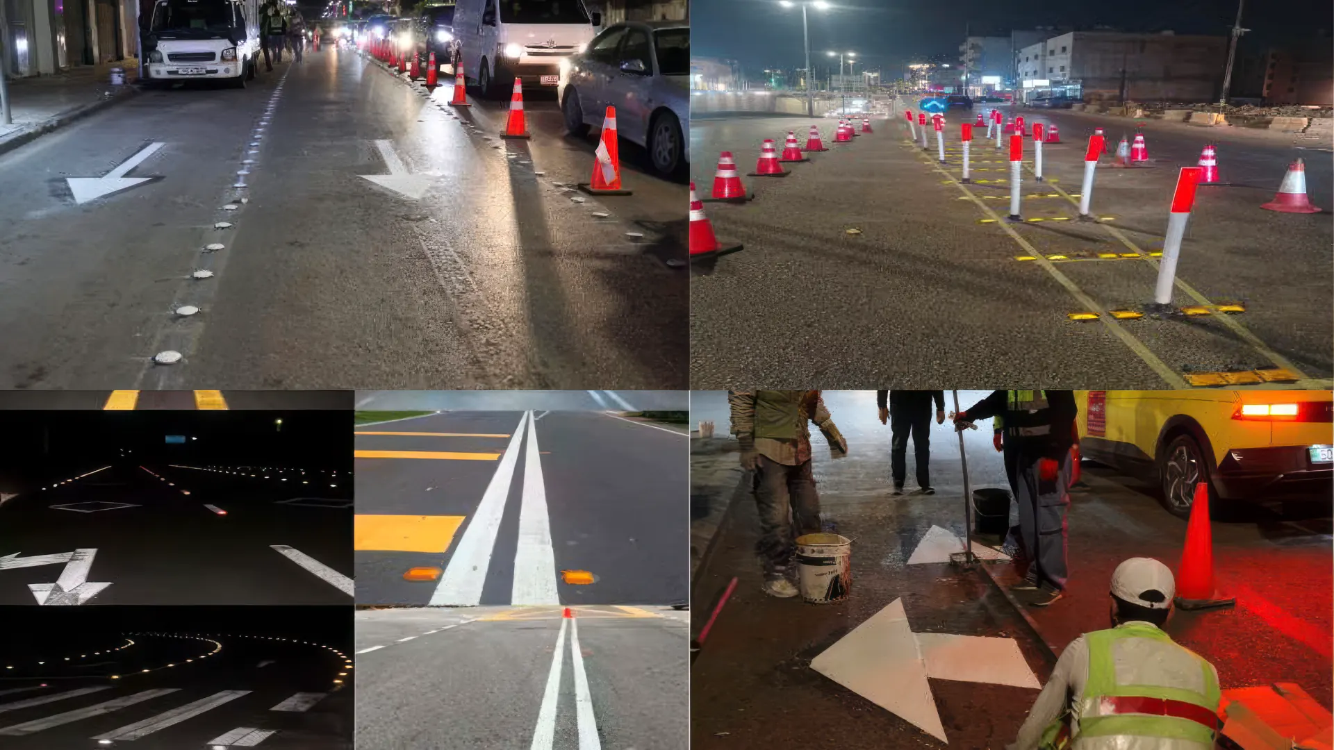 Thermoplastic road markings and reflective studs at night